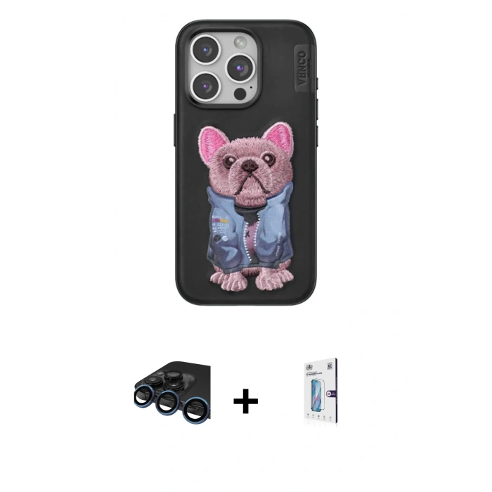 MARSİLYAN™- iPhone 15 Pro Kılıf İz Minimal Koleksiyonu - Siyah Bilvis 0.18mm Plus Cam Ekran Koruyucu + Raze Metal Kamera Lens - LT