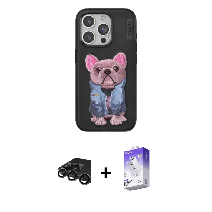 MARSİLYAN™- iPhone 15 Pro Kılıf İz Minimal Koleksiyonu - Siyah Bilvis 5in1 3D Magic Cam Ekran Koruyucu + Raze Metal Kamera Lens - TMGI