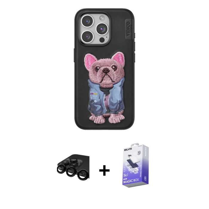 MARSİLYAN™- iPhone 15 Pro Kılıf İz Minimal Koleksiyonu - Siyah Bilvis 5in1 5D Magic Hayalet Cam Ekran Koruyucu + Raze Metal Kamera Lens - SH