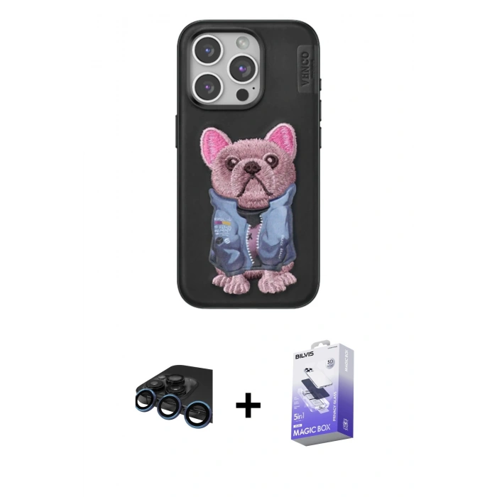 MARSİLYAN™- iPhone 15 Pro Kılıf İz Minimal Koleksiyonu - Siyah Bilvis 5in1 5D Magic Hayalet Cam Ekran Koruyucu + Raze Metal Kamera Lens - LT