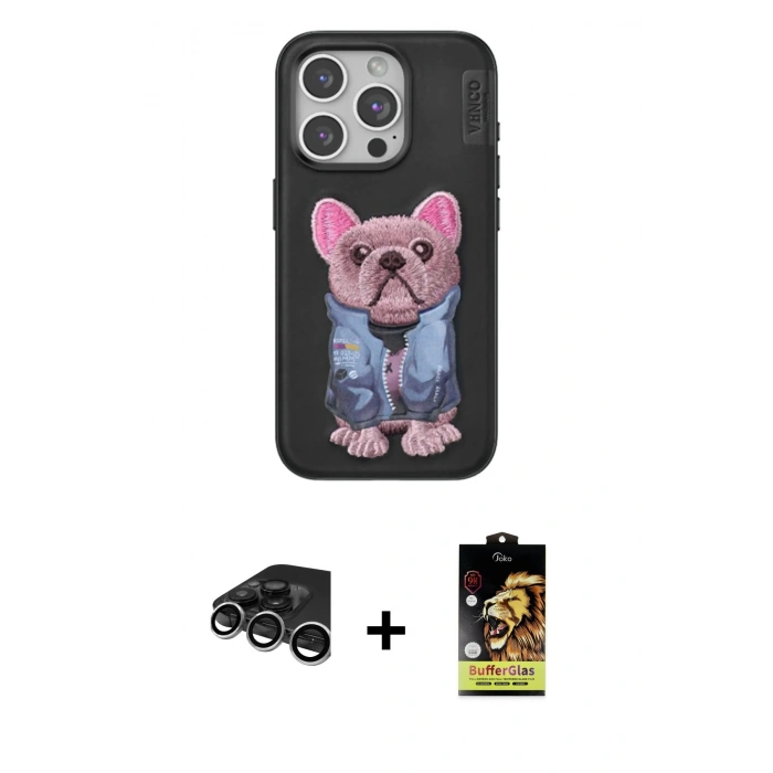 MARSİLYAN™- iPhone 15 Pro Kılıf İz Minimal Koleksiyonu - Siyah Buffer Cam Ekran Koruyucu + Raze Metal Kamera Lens - GS