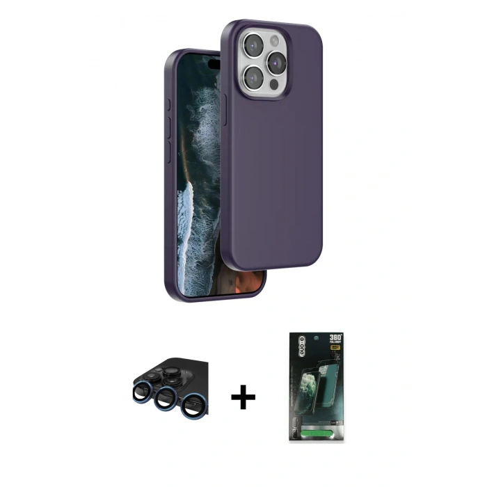MARSİLYAN™- iPhone 15 Pro Kılıf Kıvılcım Çizgi Serisi - Siyah 360 Mat Full Body Arka Koruyucu + Raze Metal Kamera Lens - LT