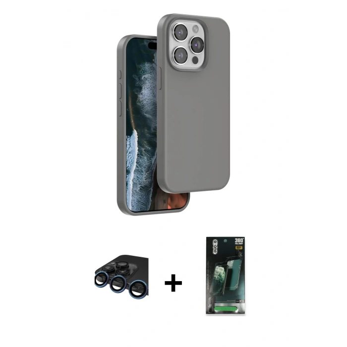 MARSİLYAN™- iPhone 15 Pro Kılıf Kıvılcım Çizgi Serisi - Siyah 360 Mat Full Body Arka Koruyucu + Raze Metal Kamera Lens - LT