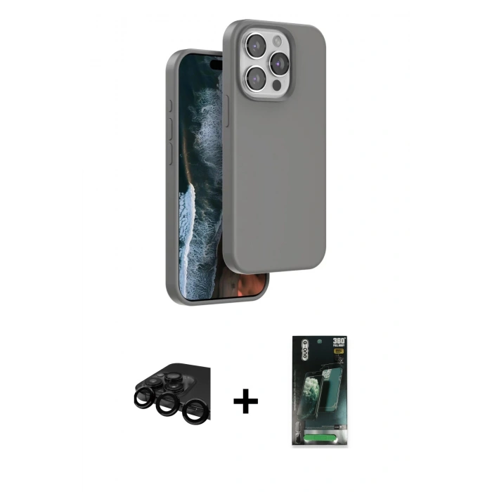 MARSİLYAN™- iPhone 15 Pro Kılıf Kıvılcım Çizgi Serisi - Siyah 360 Mat Full Body Arka Koruyucu + Raze Metal Kamera Lens - SH