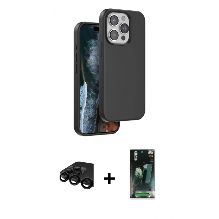 MARSİLYAN™- iPhone 15 Pro Kılıf Kıvılcım Çizgi Serisi - Siyah 360 Mat Full Body Arka Koruyucu + Raze Metal Kamera Lens - SH