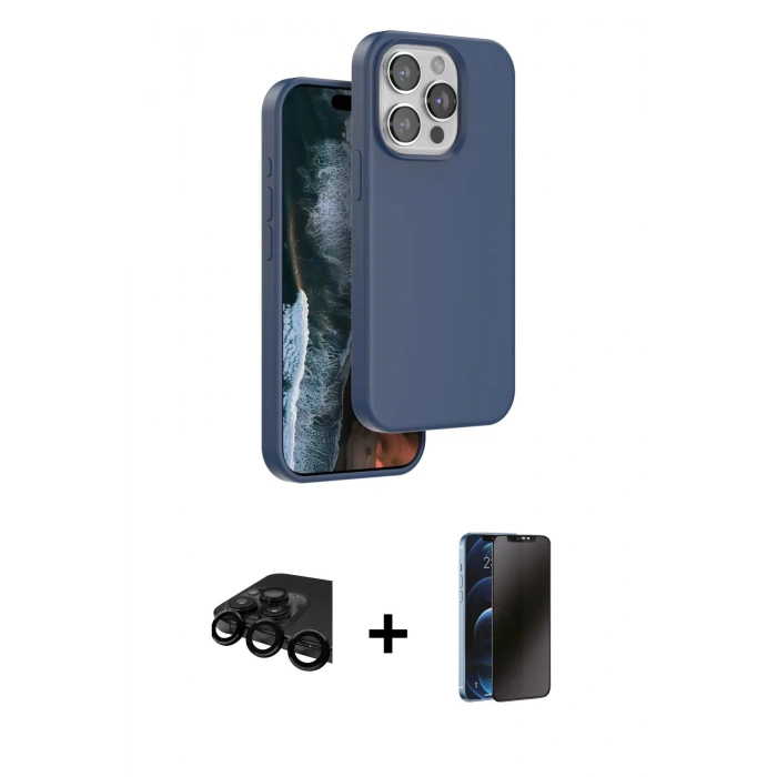 MARSİLYAN™- iPhone 15 Pro Kılıf Kıvılcım Çizgi Serisi - Siyah 3D Antistatik Hayalet Cam Ekran Koruyucu + Raze Metal Kamera Lens - SH
