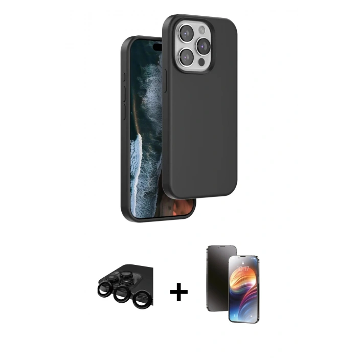 MARSİLYAN™- iPhone 15 Pro Kılıf Kıvılcım Çizgi Serisi - Siyah 3D Antistatik Mat Seramik Nano Ekran Koruyucu + Raze Metal Kamera Lens - SH