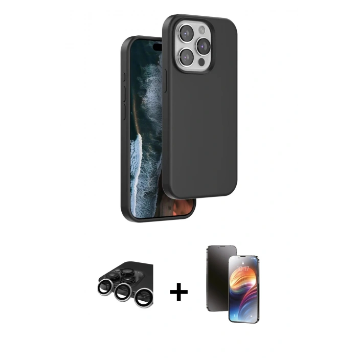 MARSİLYAN™- iPhone 15 Pro Kılıf Kıvılcım Çizgi Serisi - Siyah 3D Antistatik Mat Seramik Nano Ekran Koruyucu + Raze Metal Kamera Lens - GS