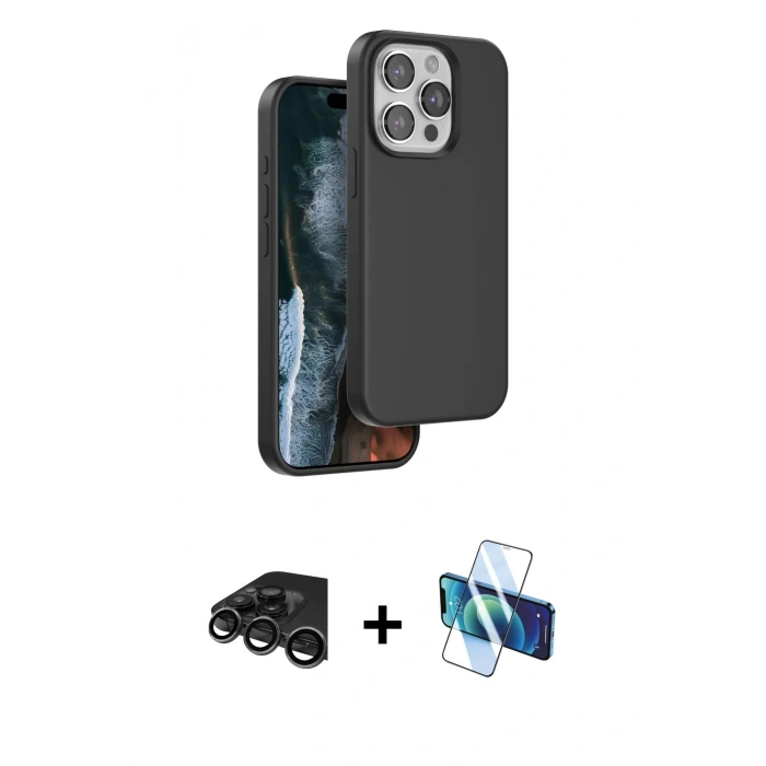 MARSİLYAN™- iPhone 15 Pro Kılıf Kıvılcım Çizgi Serisi - Siyah 3D Antistatik Seramik Nano Ekran Koruyucu + Raze Metal Kamera Lens - TMGI