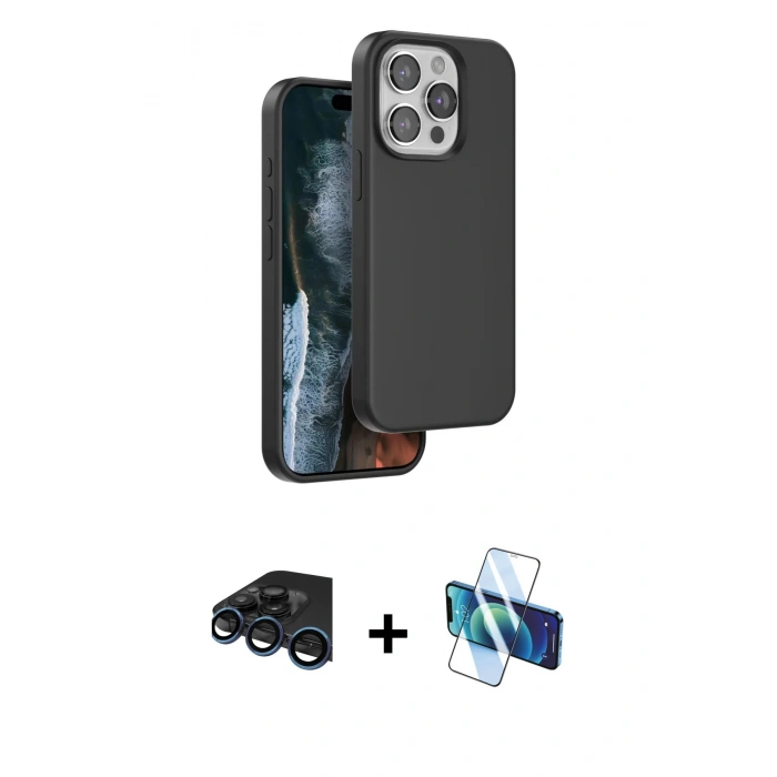MARSİLYAN™- iPhone 15 Pro Kılıf Kıvılcım Çizgi Serisi - Siyah 3D Antistatik Seramik Nano Ekran Koruyucu + Raze Metal Kamera Lens - LT