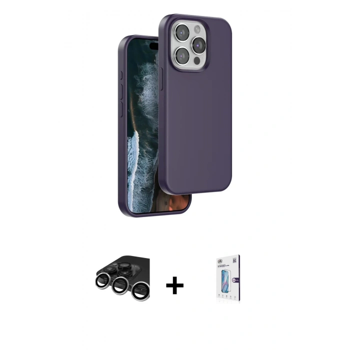MARSİLYAN™- iPhone 15 Pro Kılıf Kıvılcım Çizgi Serisi - Siyah Bilvis 0.18mm Plus Cam Ekran Koruyucu + Raze Metal Kamera Lens - GS