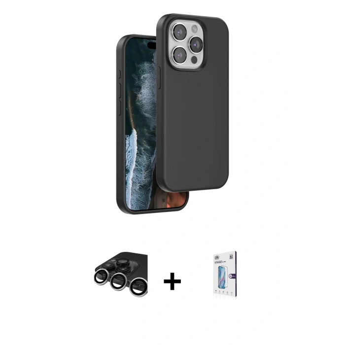 MARSİLYAN™- iPhone 15 Pro Kılıf Kıvılcım Çizgi Serisi - Siyah Bilvis 0.18mm Plus Cam Ekran Koruyucu + Raze Metal Kamera Lens - GS