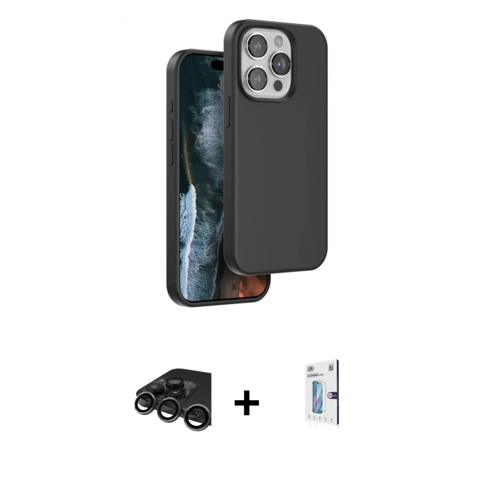 MARSİLYAN™- iPhone 15 Pro Kılıf Kıvılcım Çizgi Serisi - Siyah Bilvis 0.18mm Plus Cam Ekran Koruyucu + Raze Metal Kamera Lens - TMGI