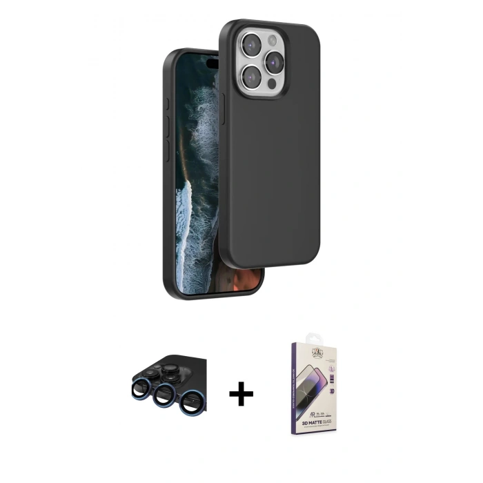 MARSİLYAN™- iPhone 15 Pro Kılıf Kıvılcım Çizgi Serisi - Siyah Bilvis 3D Mat Cam Ekran Koruyucu + Raze Metal Kamera Lens - LT