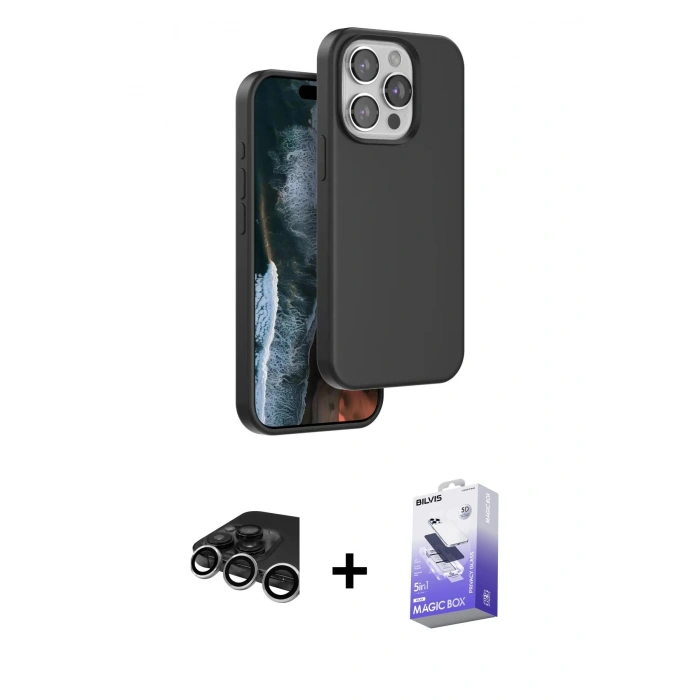 MARSİLYAN™- iPhone 15 Pro Kılıf Kıvılcım Çizgi Serisi - Siyah Bilvis 5in1 5D Magic Hayalet Cam Ekran Koruyucu + Raze Metal Kamera Lens - GS