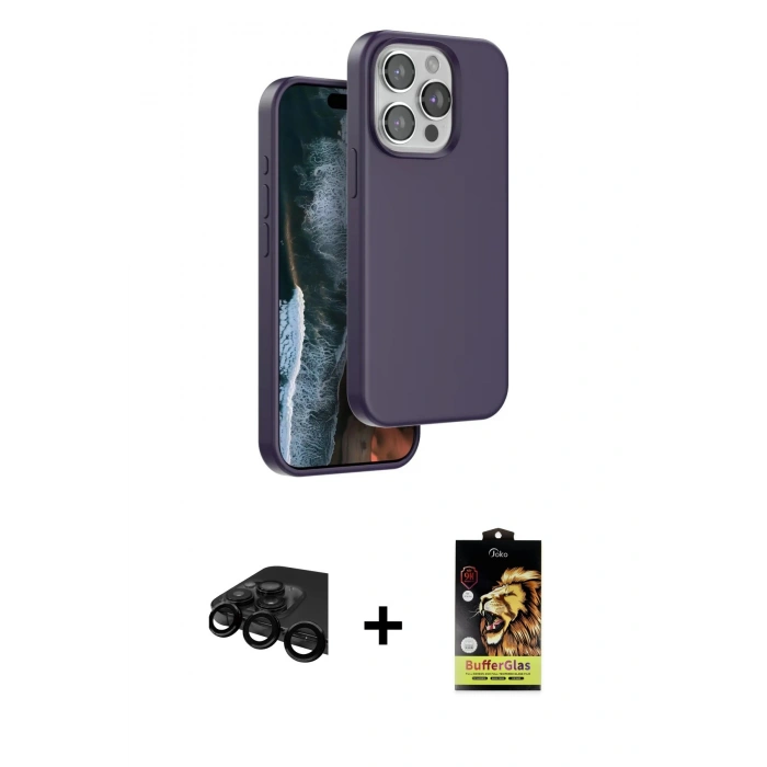 MARSİLYAN™- iPhone 15 Pro Kılıf Kıvılcım Çizgi Serisi - Siyah Buffer Cam Ekran Koruyucu + Raze Metal Kamera Lens - SH