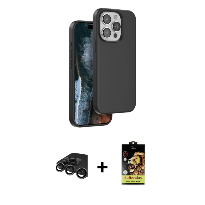 MARSİLYAN™- iPhone 15 Pro Kılıf Kıvılcım Çizgi Serisi - Siyah Buffer Cam Ekran Koruyucu + Raze Metal Kamera Lens - TMGI