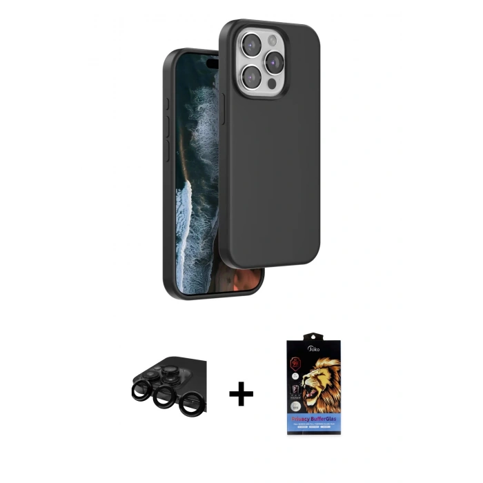 MARSİLYAN™- iPhone 15 Pro Kılıf Kıvılcım Çizgi Serisi - Siyah Buffer Hayalet Cam Ekran Koruyucu + Raze Metal Kamera Lens - SH