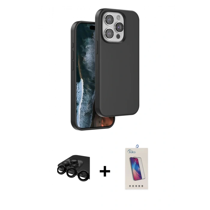 MARSİLYAN™- iPhone 15 Pro Kılıf Kıvılcım Çizgi Serisi - Siyah Joko 5D Cam + Raze Metal Kamera Lens - SH