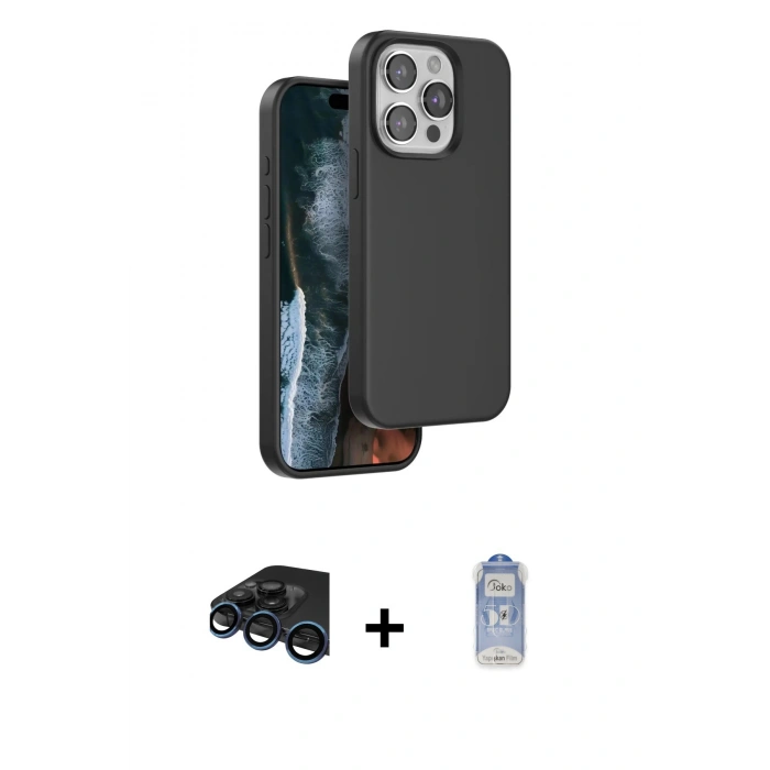 MARSİLYAN™- iPhone 15 Pro Kılıf Kıvılcım Çizgi Serisi - Siyah Joko Magic 5D Cam + Raze Metal Kamera Lens - LT