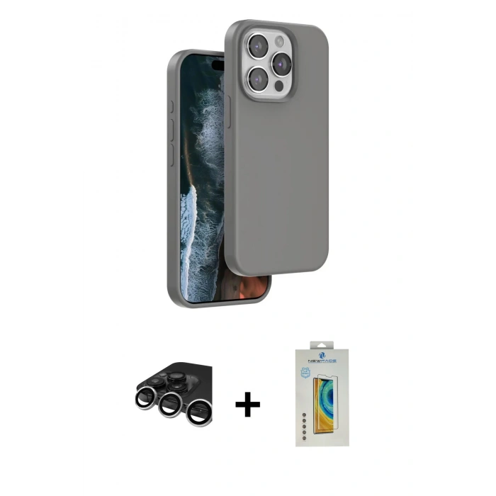 MARSİLYAN™- iPhone 15 Pro Kılıf Kıvılcım Çizgi Serisi - Siyah Polymer Nano Ekran Koruyucu + Gümüş Raze Metal Kamera Lens