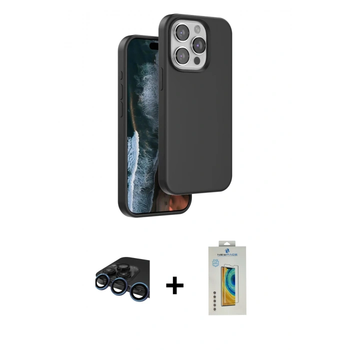 MARSİLYAN™- iPhone 15 Pro Kılıf Kıvılcım Çizgi Serisi - Siyah Polymer Nano Ekran Koruyucu + Raze Metal Kamera Lens - LT