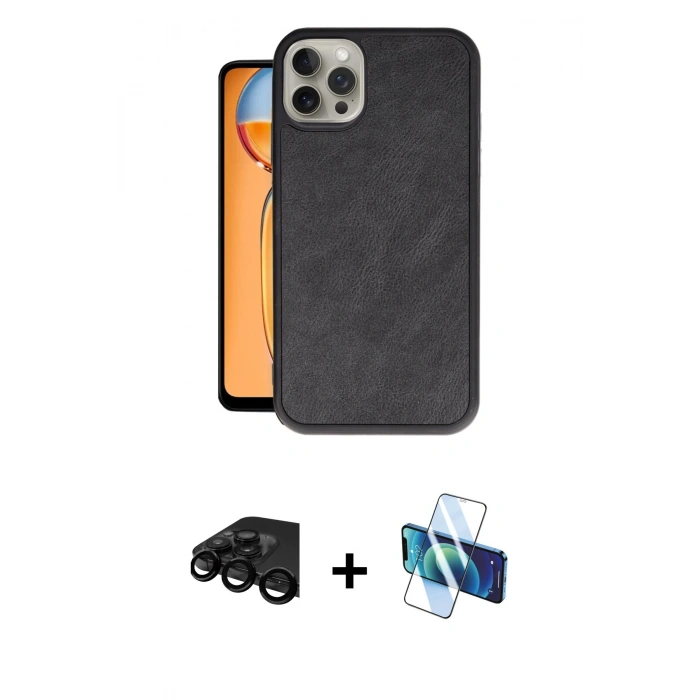 MARSİLYAN™- iPhone 15 Pro Kılıf Kıvılcım Işık Serisi - Siyah 3D Antistatik Cam Ekran Koruyucu + Raze Metal Kamera Lens - SH