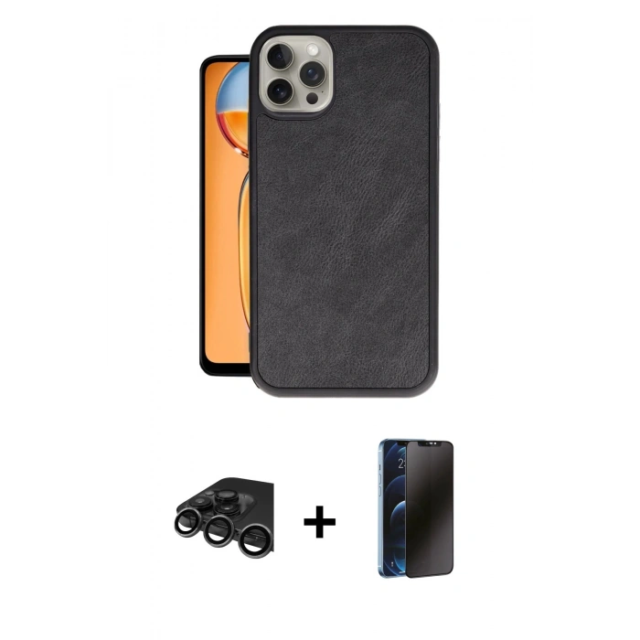 MARSİLYAN™- iPhone 15 Pro Kılıf Kıvılcım Işık Serisi - Siyah 3D Antistatik Hayalet Cam Ekran Koruyucu + Raze Metal Kamera Lens - TMGI