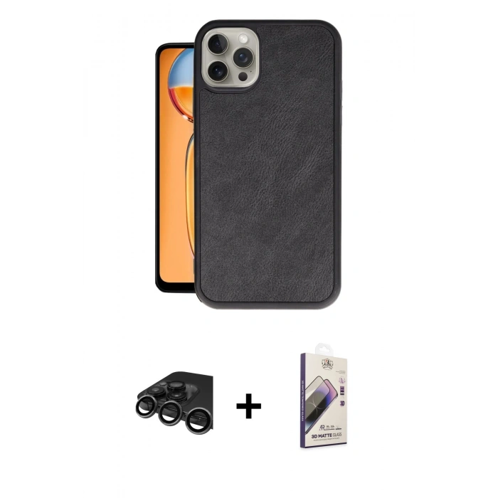 MARSİLYAN™- iPhone 15 Pro Kılıf Kıvılcım Işık Serisi - Siyah Bilvis 3D Mat Cam Ekran Koruyucu + Raze Metal Kamera Lens - TMGI