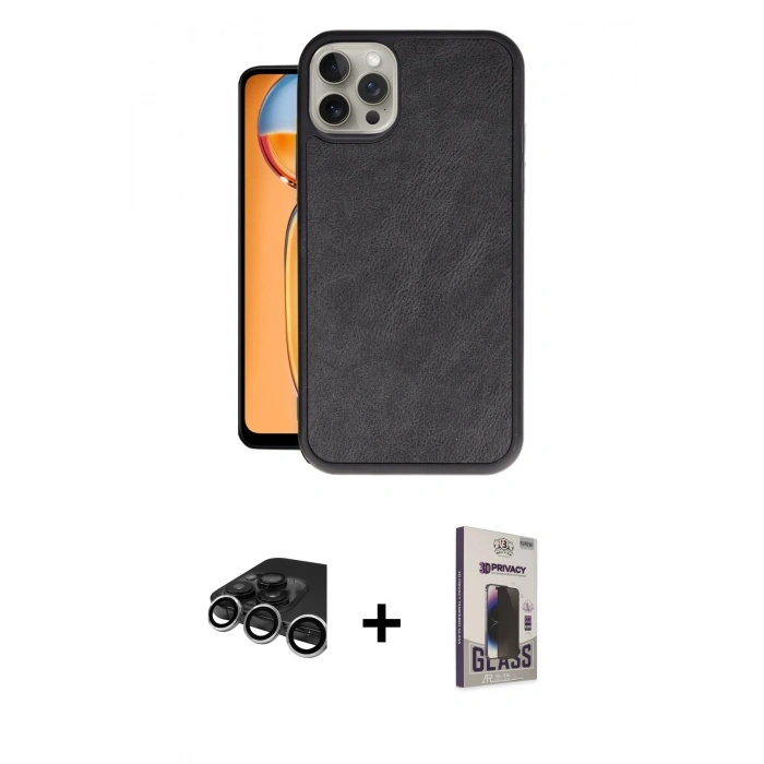 MARSİLYAN™- iPhone 15 Pro Kılıf Kıvılcım Işık Serisi - Siyah Bilvis Hayalet Cam Ekran Koruyucu + Raze Metal Kamera Lens - GS