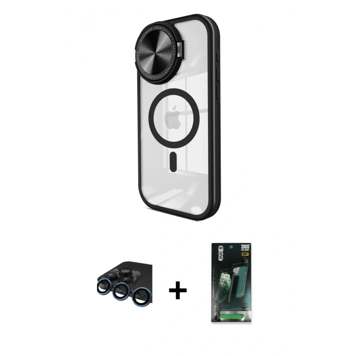 MARSİLYAN™- iPhone 15 Pro Kılıf Kıvılcım Modern Koleksiyonu - Şeffaf 360 Full Body Arka Koruyucu + Raze Metal Kamera Lens - LT