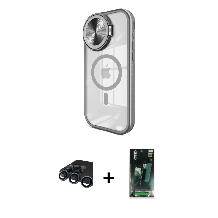 MARSİLYAN™- iPhone 15 Pro Kılıf Kıvılcım Modern Koleksiyonu - Şeffaf 360 Full Body Arka Koruyucu + Raze Metal Kamera Lens - LT