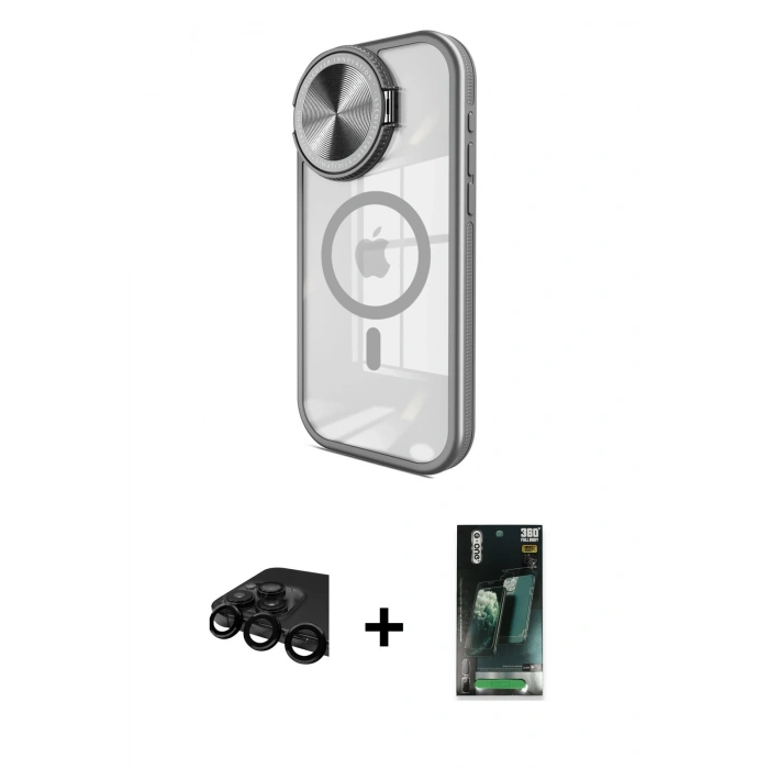 MARSİLYAN™- iPhone 15 Pro Kılıf Kıvılcım Modern Koleksiyonu - Şeffaf 360 Full Body Arka Koruyucu + Raze Metal Kamera Lens - SH