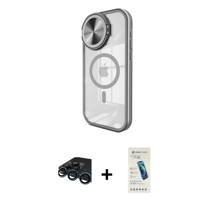 MARSİLYAN™- iPhone 15 Pro Kılıf Kıvılcım Modern Koleksiyonu - Şeffaf Pasifik Cam Ekran Koruyucu + Raze Metal Kamera Lens - LT