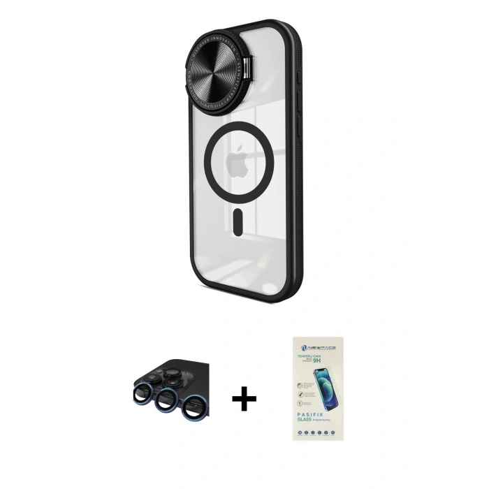 MARSİLYAN™- iPhone 15 Pro Kılıf Kıvılcım Modern Koleksiyonu - Şeffaf Pasifik Cam Ekran Koruyucu + Raze Metal Kamera Lens - LT