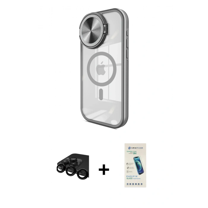 MARSİLYAN™- iPhone 15 Pro Kılıf Kıvılcım Modern Koleksiyonu - Şeffaf Pasifik Cam Ekran Koruyucu + Siyah Raze Metal Kamera Lens