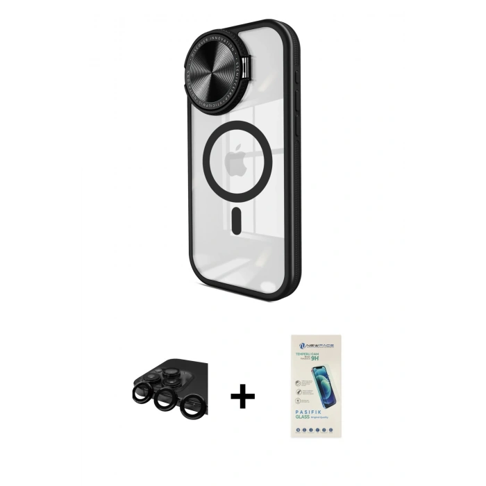 MARSİLYAN™- iPhone 15 Pro Kılıf Kıvılcım Modern Koleksiyonu - Şeffaf Pasifik Cam Ekran Koruyucu + Siyah Raze Metal Kamera Lens