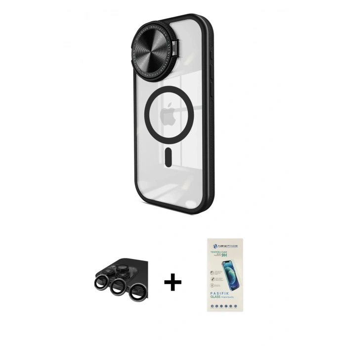 MARSİLYAN™- iPhone 15 Pro Kılıf Kıvılcım Modern Koleksiyonu - Şeffaf Pasifik Cam Ekran Koruyucu + Titanyum Gri Raze Metal Kamera Lens