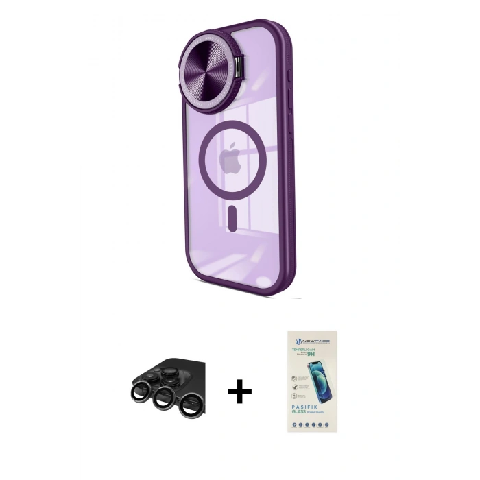 MARSİLYAN™- iPhone 15 Pro Kılıf Kıvılcım Modern Koleksiyonu - Şeffaf Pasifik Cam Ekran Koruyucu + Titanyum Gri Raze Metal Kamera Lens