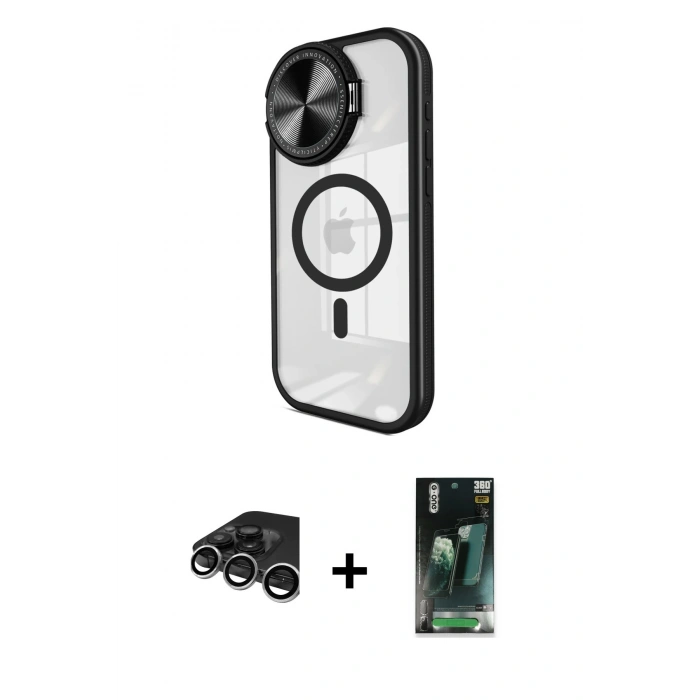 MARSİLYAN™- iPhone 15 Pro Kılıf Kıvılcım Modern Koleksiyonu - Siyah 360 Mat Full Body Arka Koruyucu + Raze Metal Kamera Lens - GS