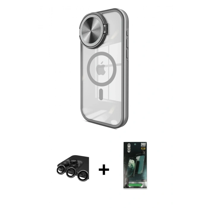 MARSİLYAN™- iPhone 15 Pro Kılıf Kıvılcım Modern Koleksiyonu - Siyah 360 Mat Full Body Arka Koruyucu + Raze Metal Kamera Lens - TMGI