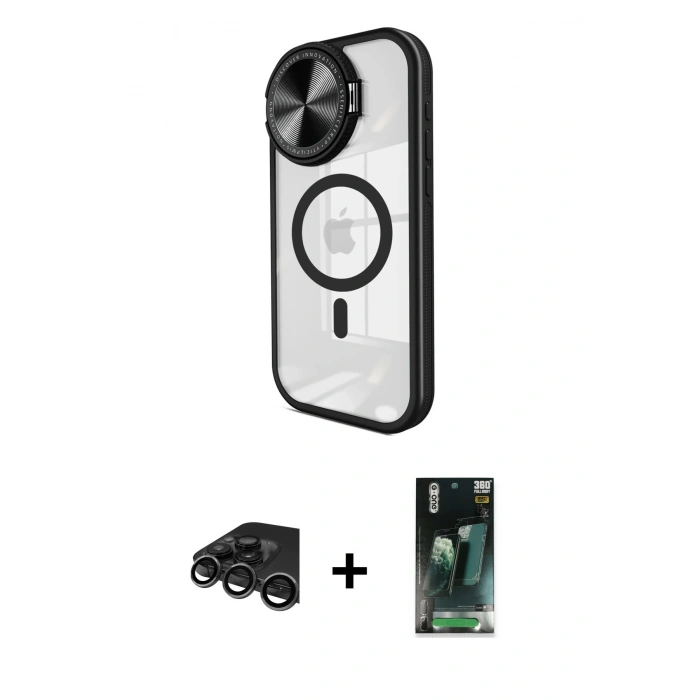 MARSİLYAN™- iPhone 15 Pro Kılıf Kıvılcım Modern Koleksiyonu - Siyah 360 Mat Full Body Arka Koruyucu + Raze Metal Kamera Lens - TMGI