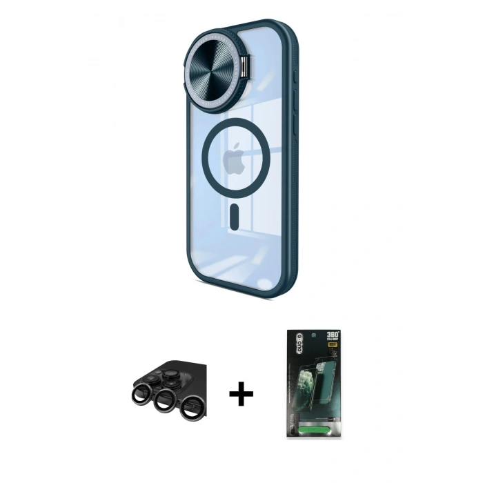 MARSİLYAN™- iPhone 15 Pro Kılıf Kıvılcım Modern Koleksiyonu - Siyah 360 Mat Full Body Arka Koruyucu + Raze Metal Kamera Lens - TMGI