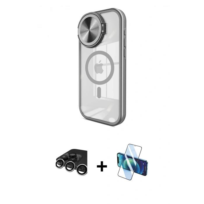 MARSİLYAN™- iPhone 15 Pro Kılıf Kıvılcım Modern Koleksiyonu - Siyah 3D Antistatik Cam Ekran Koruyucu + Raze Metal Kamera Lens - GS