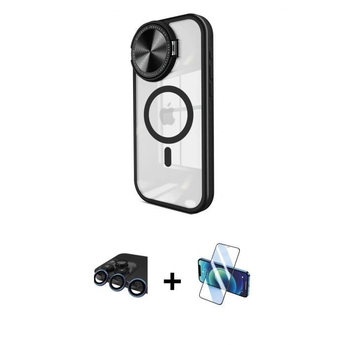 MARSİLYAN™- iPhone 15 Pro Kılıf Kıvılcım Modern Koleksiyonu - Siyah 3D Antistatik Cam Ekran Koruyucu + Raze Metal Kamera Lens - LT