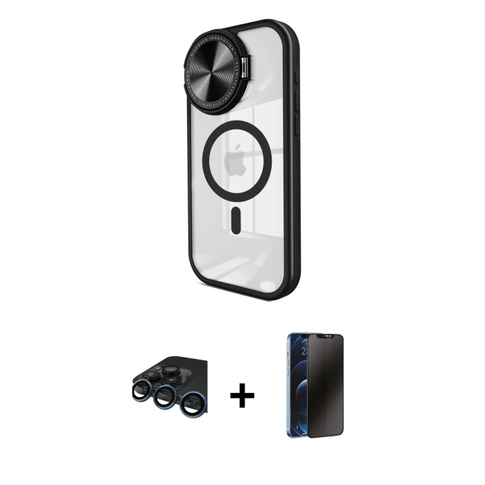 MARSİLYAN™- iPhone 15 Pro Kılıf Kıvılcım Modern Koleksiyonu - Siyah 3D Antistatik Hayalet Cam Ekran Koruyucu + Raze Metal Kamera Lens - LT