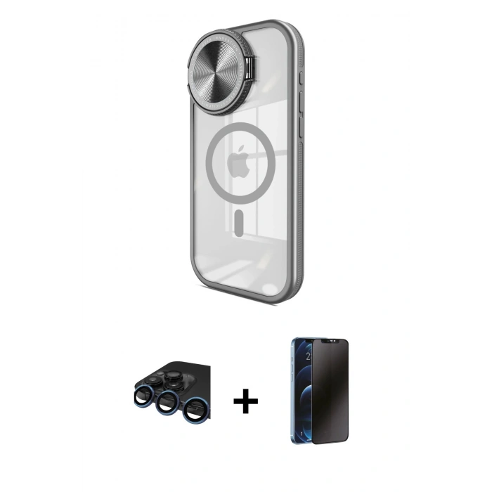 MARSİLYAN™- iPhone 15 Pro Kılıf Kıvılcım Modern Koleksiyonu - Siyah 3D Antistatik Hayalet Cam Ekran Koruyucu + Raze Metal Kamera Lens - LT