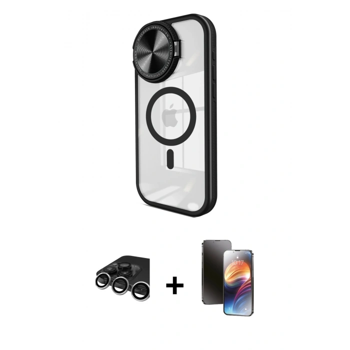 MARSİLYAN™- iPhone 15 Pro Kılıf Kıvılcım Modern Koleksiyonu - Siyah 3D Antistatik Mat Seramik Nano Ekran Koruyucu + Raze Metal Kamera Lens - GS