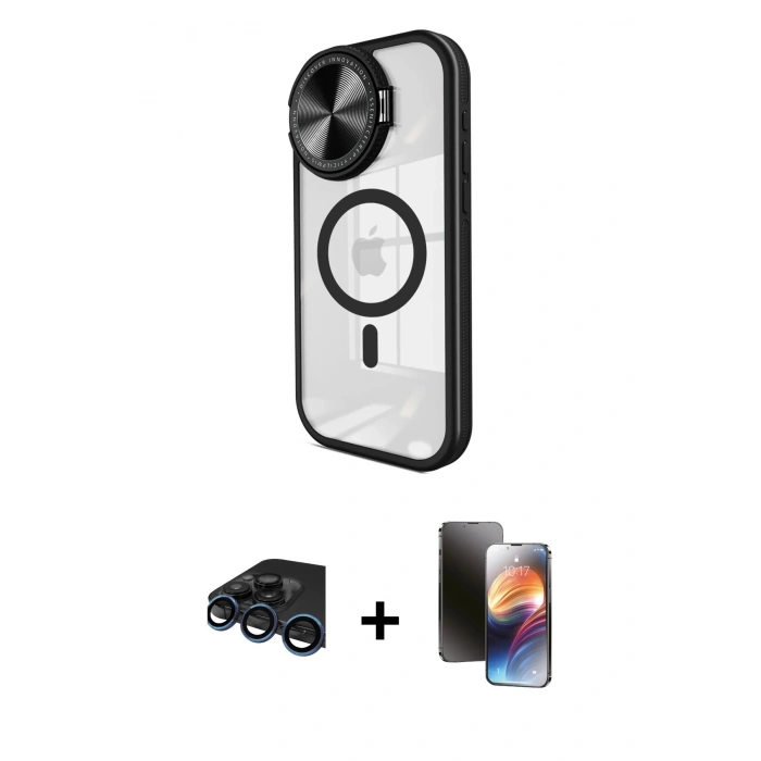 MARSİLYAN™- iPhone 15 Pro Kılıf Kıvılcım Modern Koleksiyonu - Siyah 3D Antistatik Mat Seramik Nano Ekran Koruyucu + Raze Metal Kamera Lens - LT