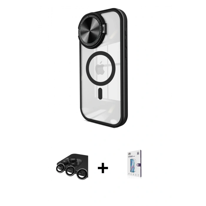 MARSİLYAN™- iPhone 15 Pro Kılıf Kıvılcım Modern Koleksiyonu - Siyah Bilvis 0.18mm Plus Cam Ekran Koruyucu + Raze Metal Kamera Lens - TMGI